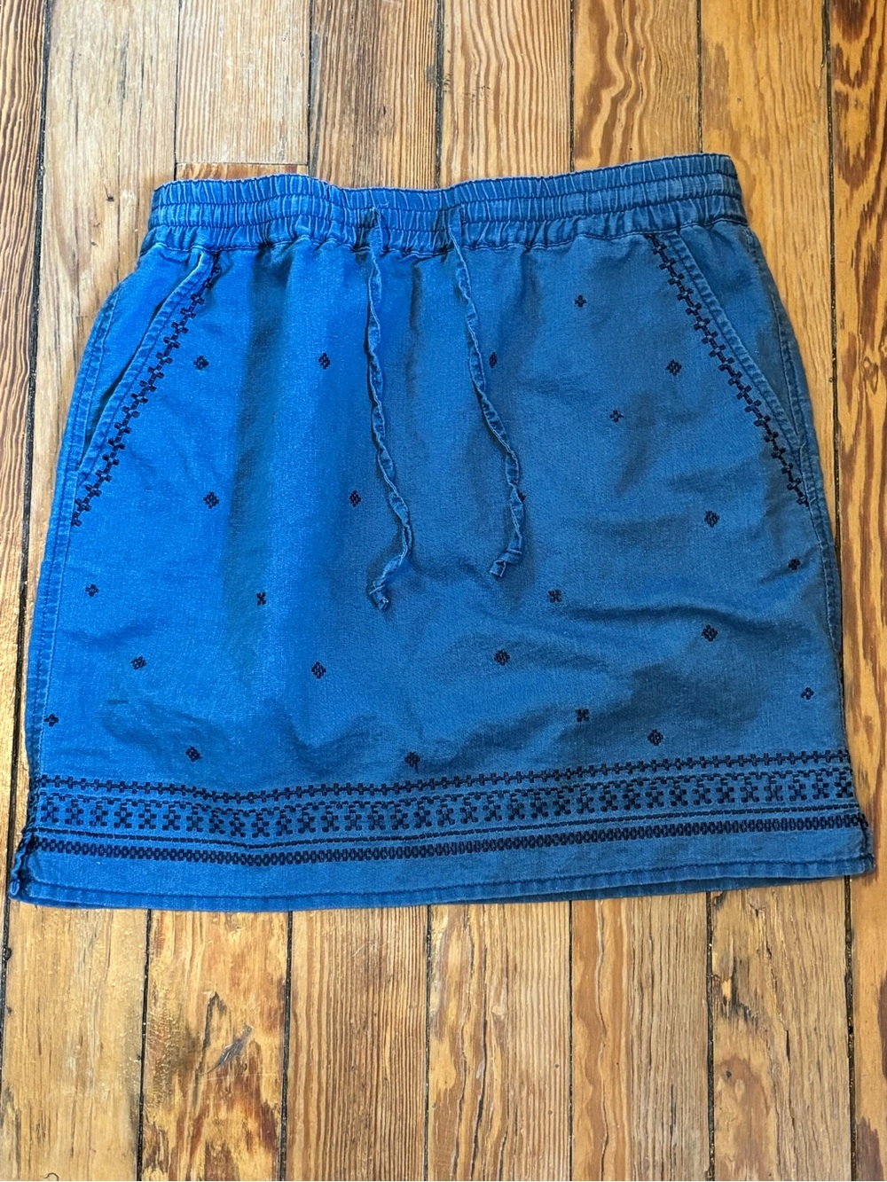 J. Crew Blue Embroidered Drawstring Mini Skirt
